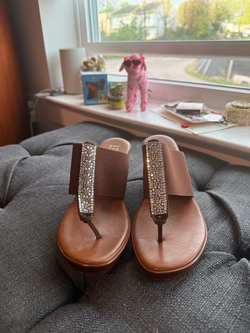 Italian Shoemakers Brown Jeweled Thong Sandals